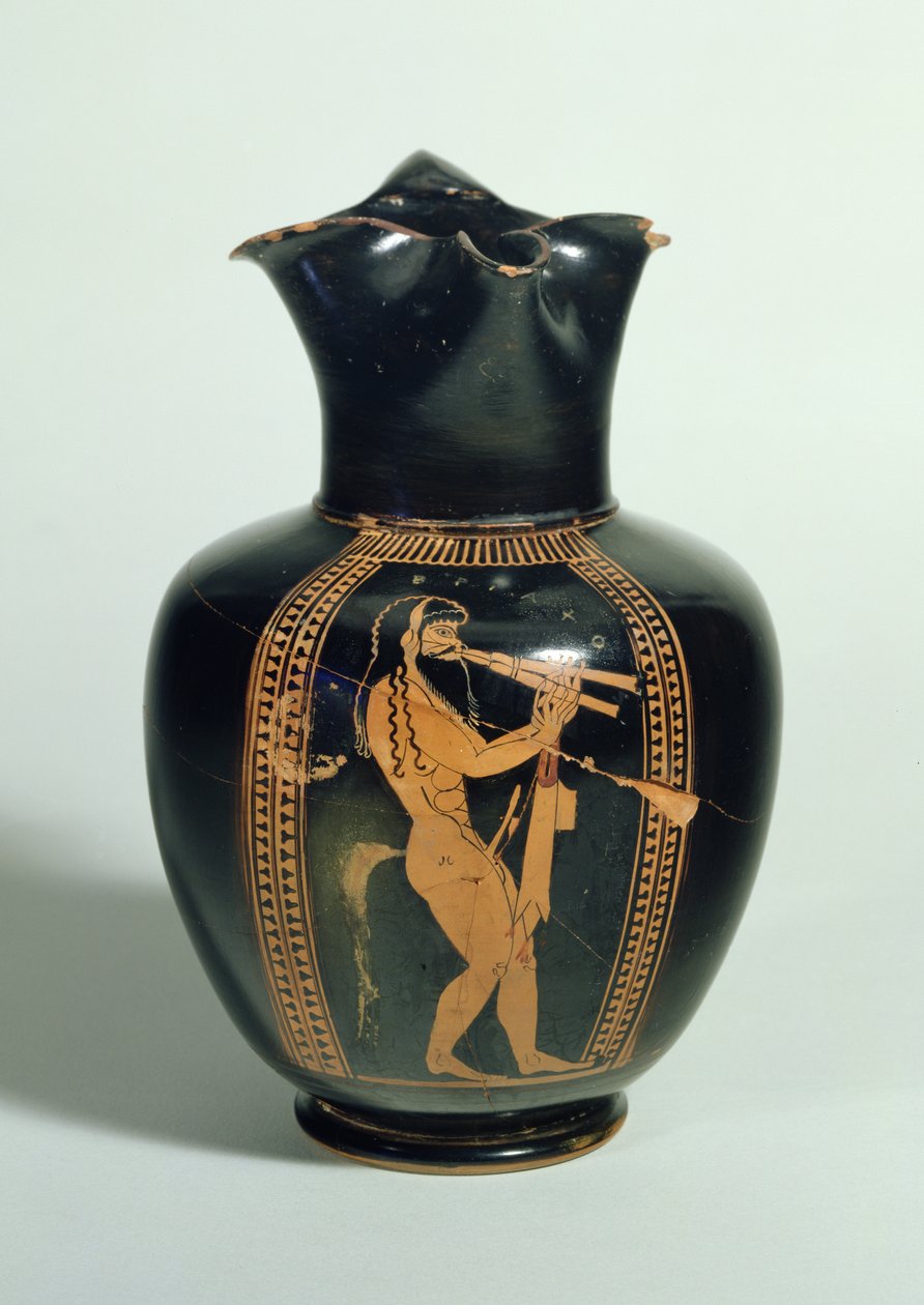GR.126-1864 Oinochoe, decorado com Satyr tocando flautas duplas, figura vermelha do sótão, Atenas, grego, 520 a.C. (argila) de Unbekannt