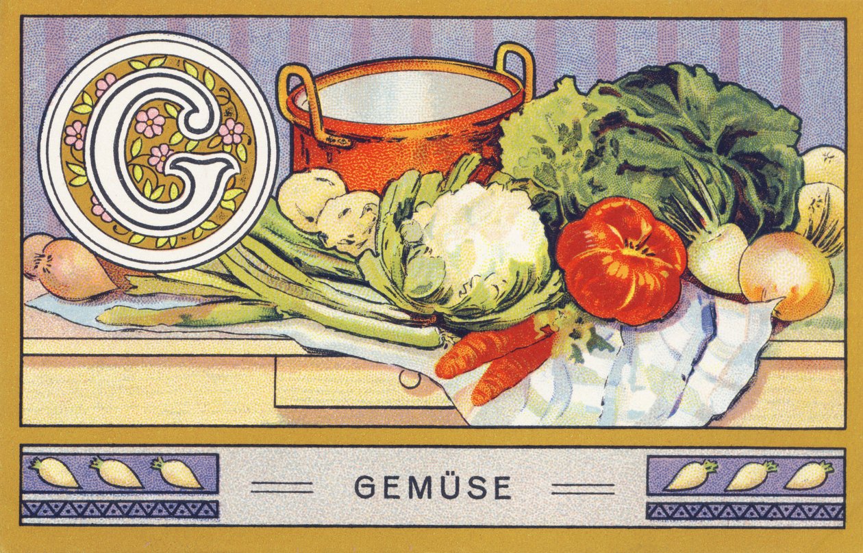 G: Gemuse - Alfabeto Palmin. Série de cromolitógrafos publicada por H. Schlinck & Cie, Hamburg, n.d. . Anúncio para Palmin feinstes Cocosfett. Tamanho : 7 x 11 cm de William M. Timlin
