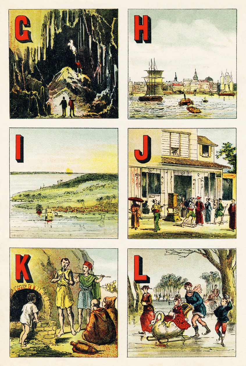 G H I J K L : caverna, Hamburgo, ilha, Japão, Kabylie, lago - Gravura extraída da geografia alfabética. Guerin-Muller et Cie, editeurs, Paris de Unbekannt