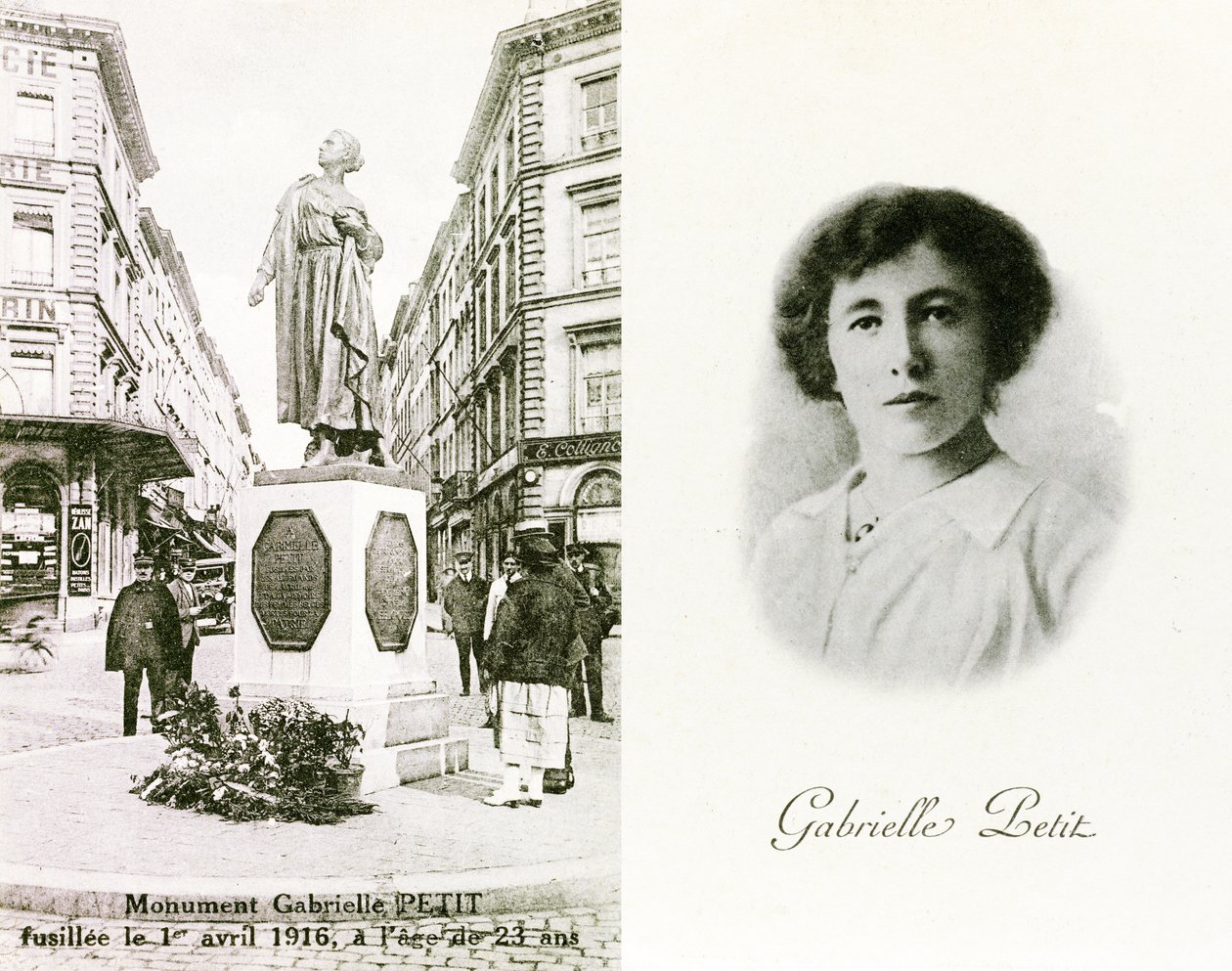 Gabrielle Petit e o monumento erguido em sua homenagem em Bruxelas, cartões comemorativos, c.1925 (lito) de Unbekannter Künstler