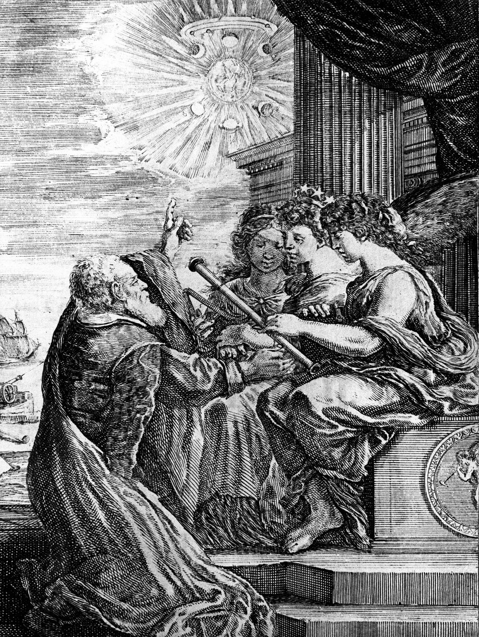 Galileu a apresentar o seu telescópio às Musas e a indicar um sistema heliocêntrico do universo de Unbekannter Künstler