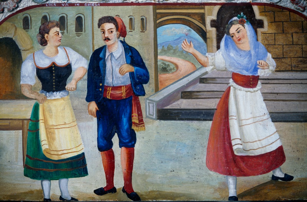 Cena Gallant com personagens vestidos, pintura em madeira, artesanato siciliano, Sicília, Itália, Detalhe de William M. Timlin