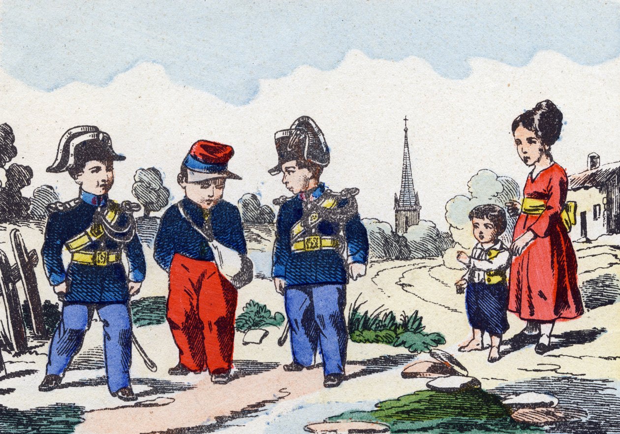 Gendarmes. Gravura em "Alfabeto militante enfantin". Imagem de Pont-a-Mousson, por volta de 1890. 20 páginas. Dimensões: 28,5x21cm. de Unbekannt