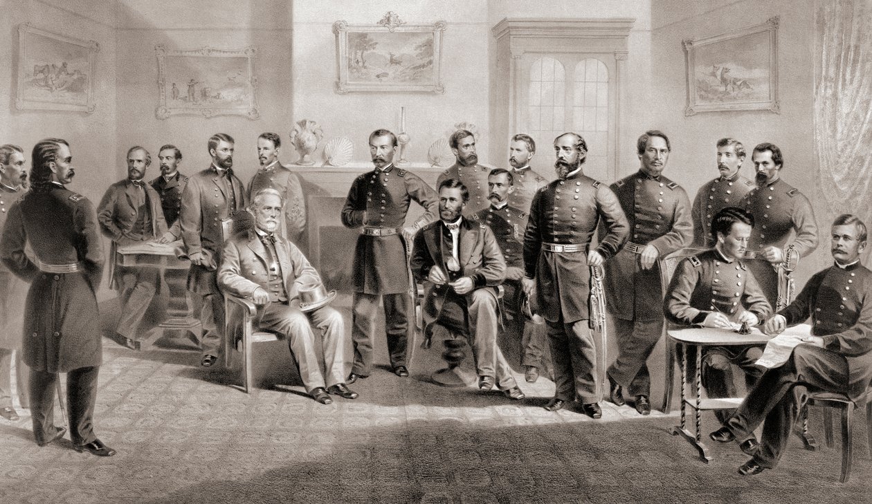 O General Ulysses S. Grant (centro sentado à direita) e o General Robert E. Lee (centro sentado à esquerda) com o seu respectivo pessoal no Appomattox Courthouse, Virgínia, onde o General Lee entregou o Exército da Virgínia do Norte e assim terminou a Guer de Unbekannt