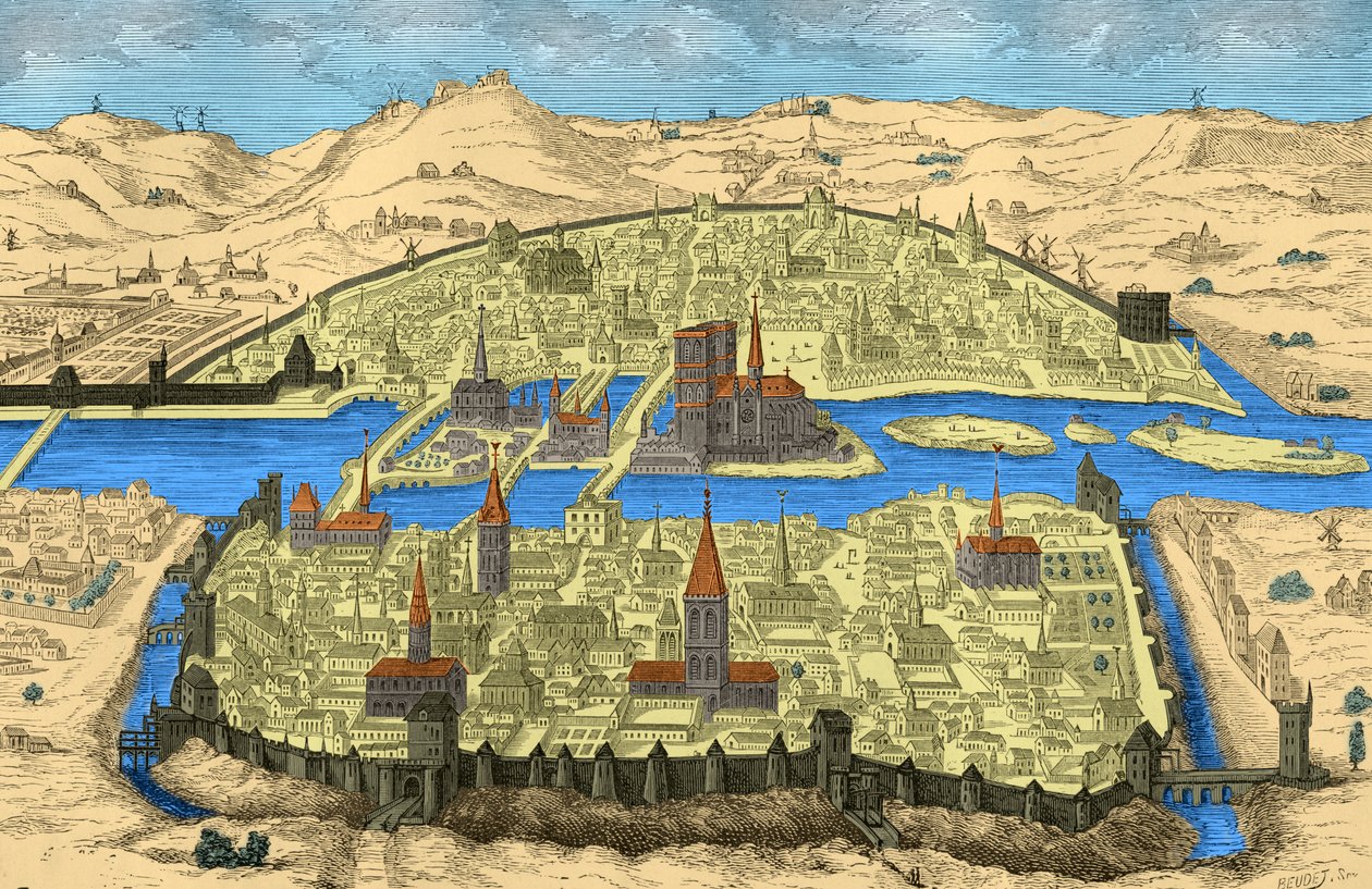 Vista geral de Paris nos séculos XV e XVI (gravura) de Unbekannter Künstler