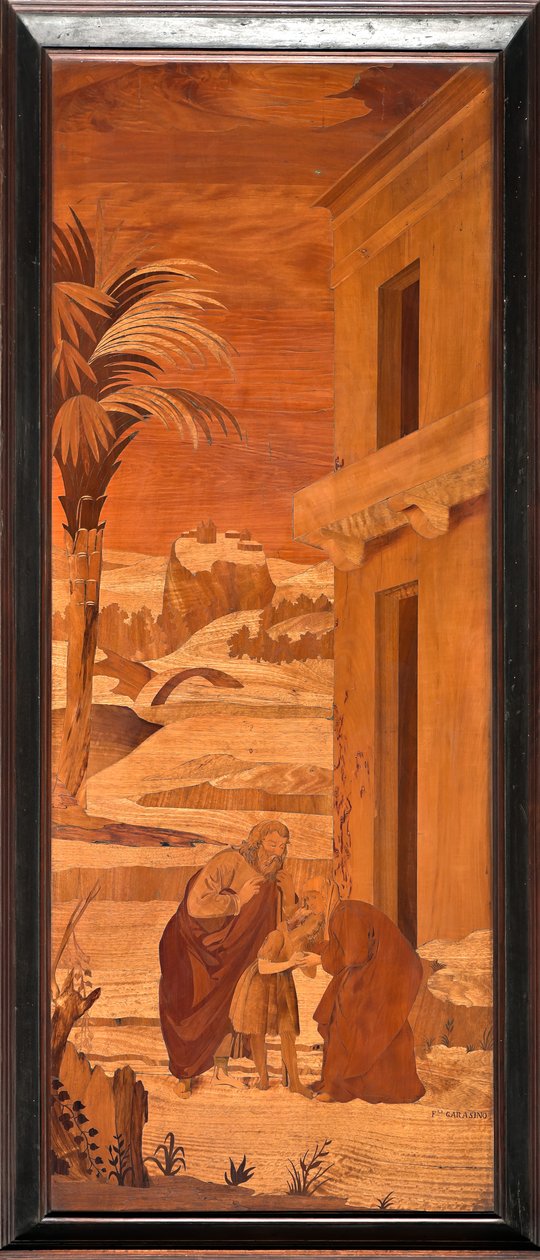 Génova, Duomo (Catedral de São Lourenço), no interior, abside, coro, lado norte: "São João Baptista despede-se da sua família", intarsia de madeira de Vincenzo e Tommaso Garassino (século XIX) de Unbekannter Künstler