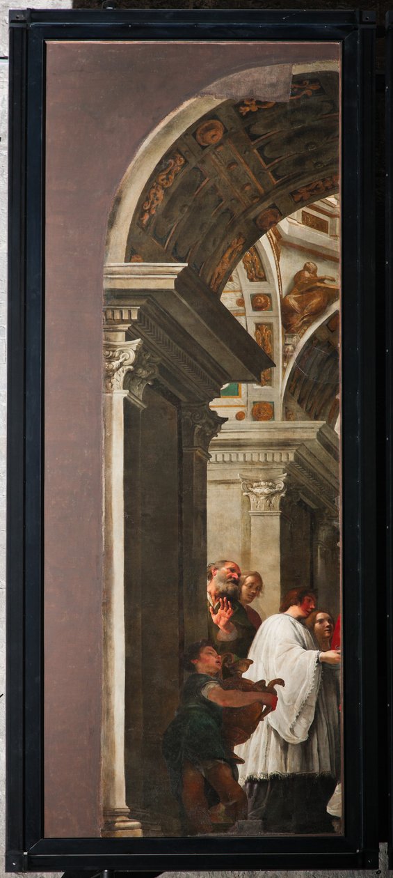 Gênova, Duomo (Catedral de São Lourenço), interior, corredor esquerdo, portas originais do órgão do transepto do lado sul: "São Lourenço distribui o tesouro da Igreja aos pobres" (1635), de Andrea Ansaldo de Unbekannter Künstler