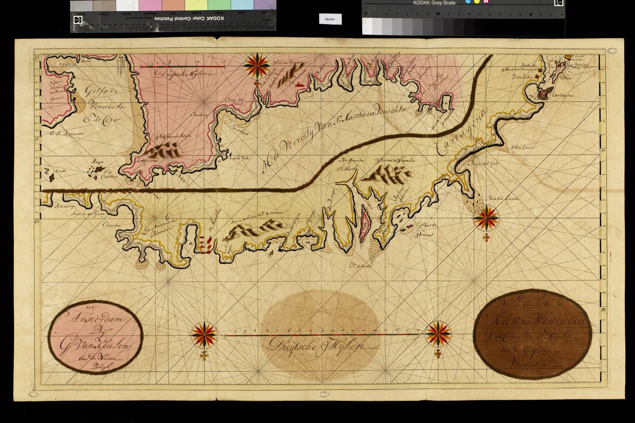 Mapa geográfico: representação de Cartagena, na Colômbia, efectuada pelo cartógrafo holandês Gerard van Keulen (1678-1726) 1709-1713. Biblioteca Angélica, Roma de Unbekannter Künstler