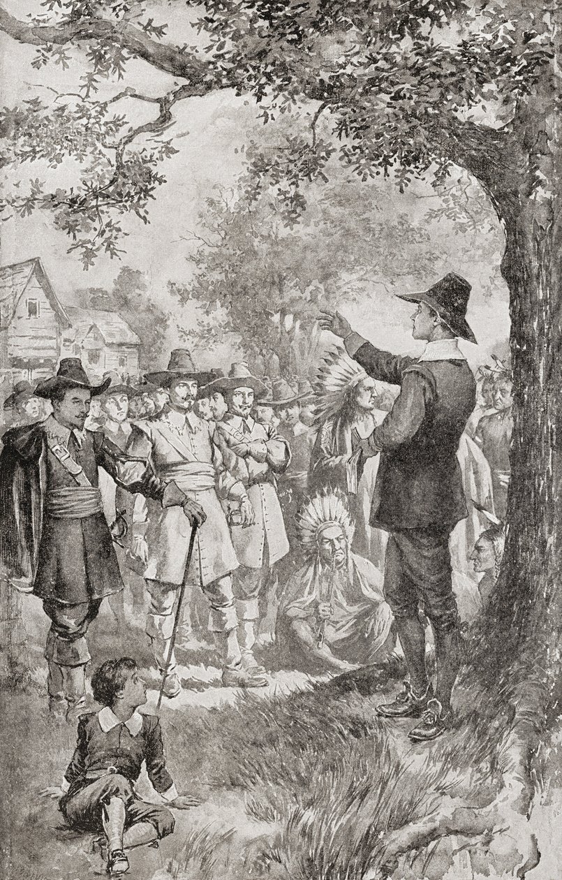 George Fox pregando para uma multidão em Maryland, América, em 1671, durante uma reunião de quatro dias dos Quakers locais. George Fox de Unbekannter Künstler