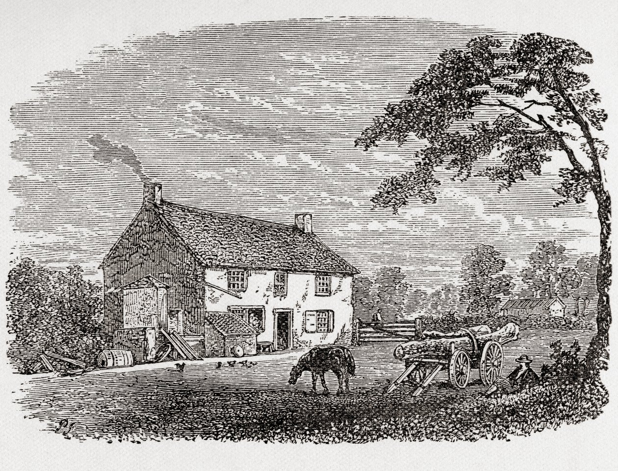 Local de nascimento de George Stephenson. Uma casa de campo em pedra do século XVIII de George Stephenson, em Wylam, Northumberland, Inglaterra, vista aqui no século XIX. De Great Engineers, publicado por volta de 1890 (gravura a preto e branco) de Unbekannter Künstler