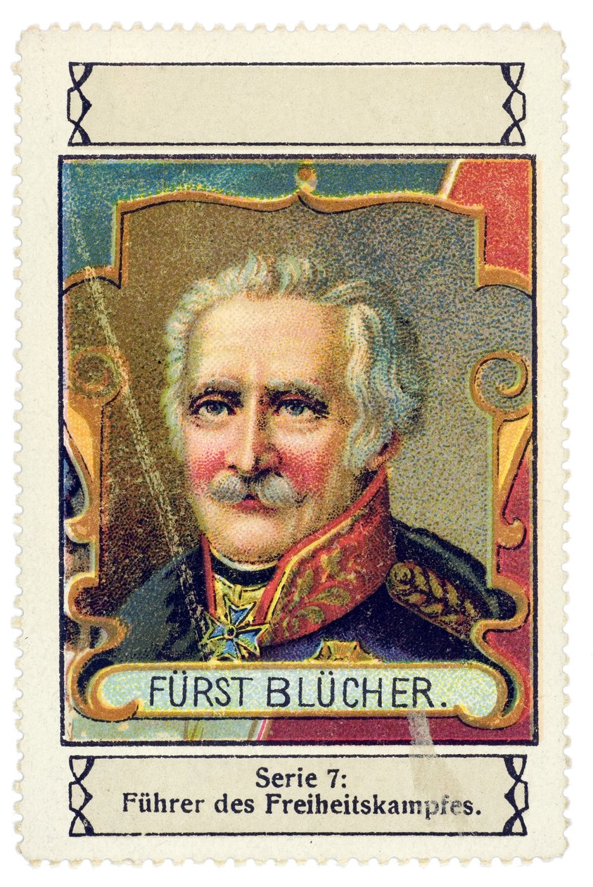 Carimbo alemão com a efígie de Gebhard Leberecht von Blucher (1742-1819) Comandante alemão na Batalha de Waterloo. Série de cromolitografia "Fuehrer des Freiheitskampfes", início do século XX de Unbekannter Künstler
