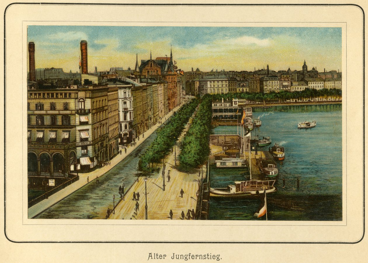 Alemanha, Hamburgo, Alter Jungfernstieg , perto do lago Alster, ilustração de : "Ansichten-Album Hamburg" , publicado por C. Schneider, Berlim NW. c.1890 (litografia) de Unbekannter Künstler
