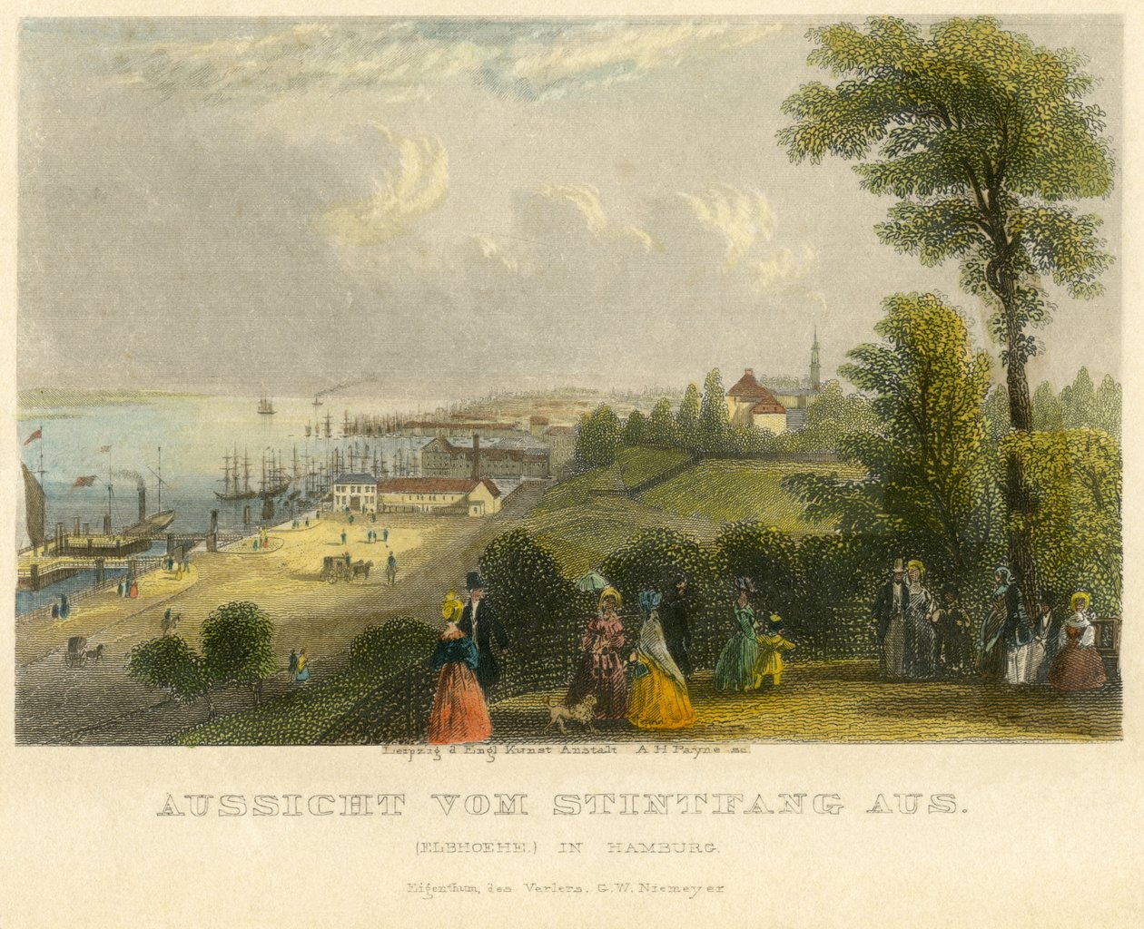 Alemanha, Hamburgo, Elbhoehe, vista do Stintfang para o rio Elba, gravura em metal aço colorido antiga de A. H. Payne, Leipzig, publicada por G. W. Niemeyer, cerca de 1850 de Unbekannter Künstler