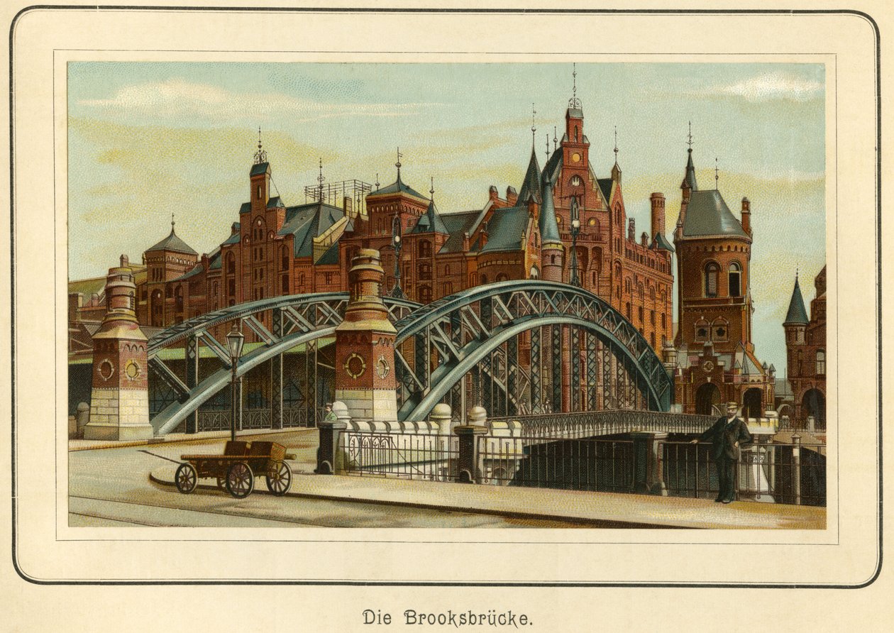Alemanha, Hamburgo, a "Brooksbruecke" (ponte de Brooks) e ao fundo os armazéns do porto, chamados "Speicherstadt", c.1890 (litografia) de Unbekannter Künstler