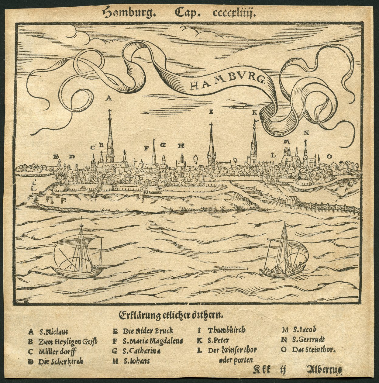 Alemanha, Hamburgo, vista da cidade, em primeiro plano o rio Elba, ilustração da Cosmographia de Sebastian Muenster (Munster), c.1570 (gravura) de Unbekannter Künstler