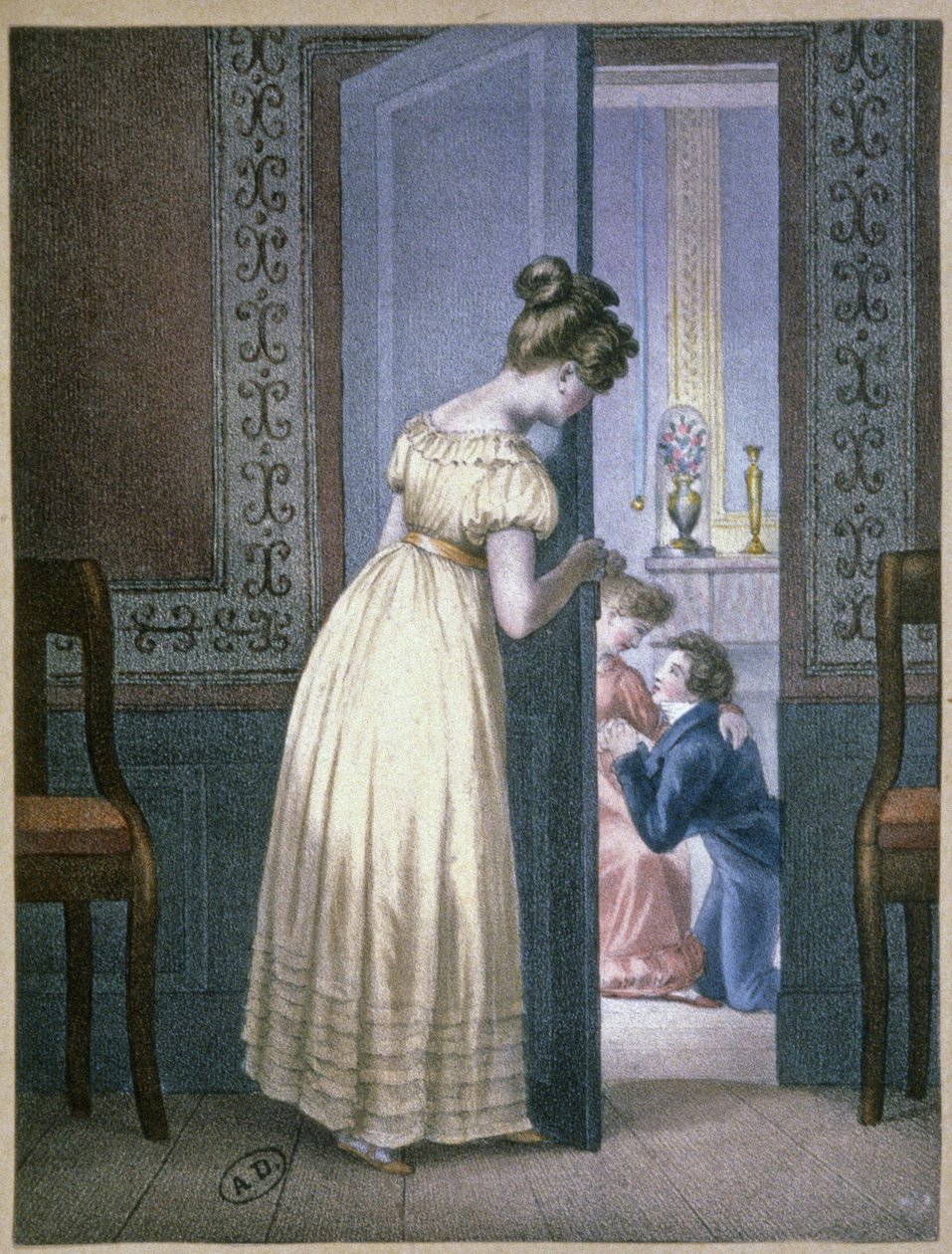 Rapariga a ouvir a conversa privada de dois amantes, c.1820 (gravura) de Unbekannter Künstler
