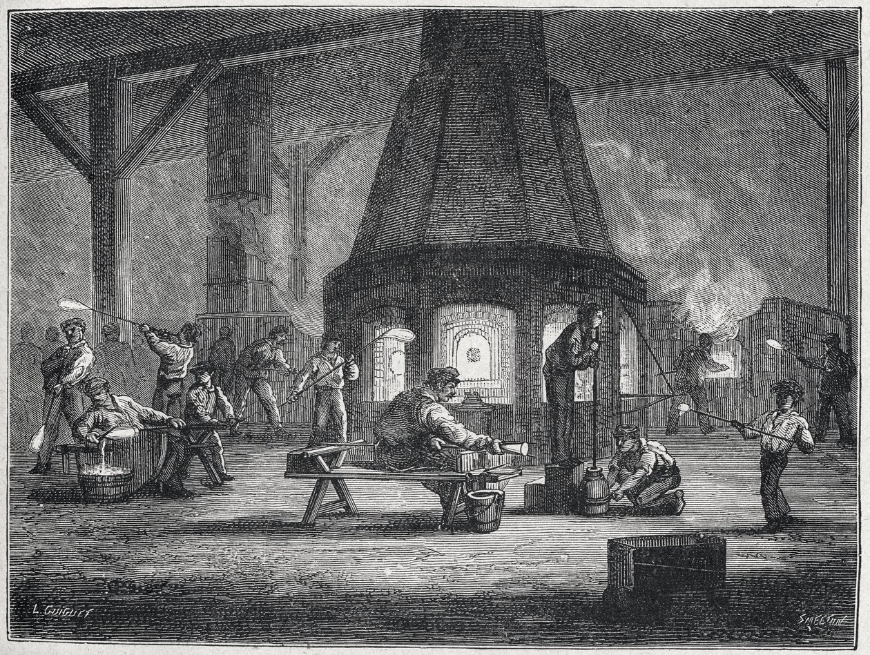 A fabricação de vidro na segunda metade do século XIX: crianças a trabalhar, c. 1880 (gravura) de Unbekannter Künstler