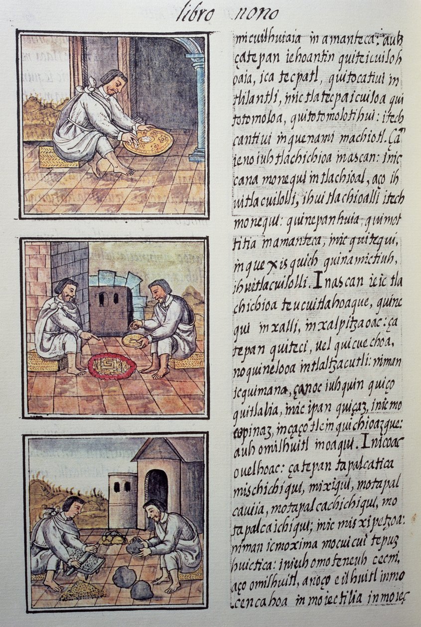Processamento de ouro após a conquista espanhola, página do Códice Florentino, História Geral das Coisas da Nova Espanha, do missionário espanhol Fray Bernardino de Sahagun (1499-1590). A civilização asteca de William M. Timlin