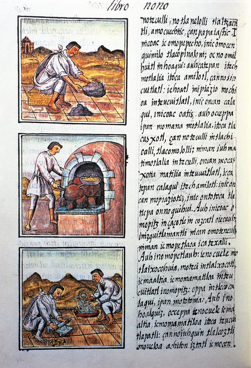 Processamento de ouro por espanhol, texto em Nahuati, de fac-símile do manuscrito História Geral das Coisas da Nova Espanha, também conhecido como Codex Florentino, de Bernardino de Sahagun de Benjamin Baud