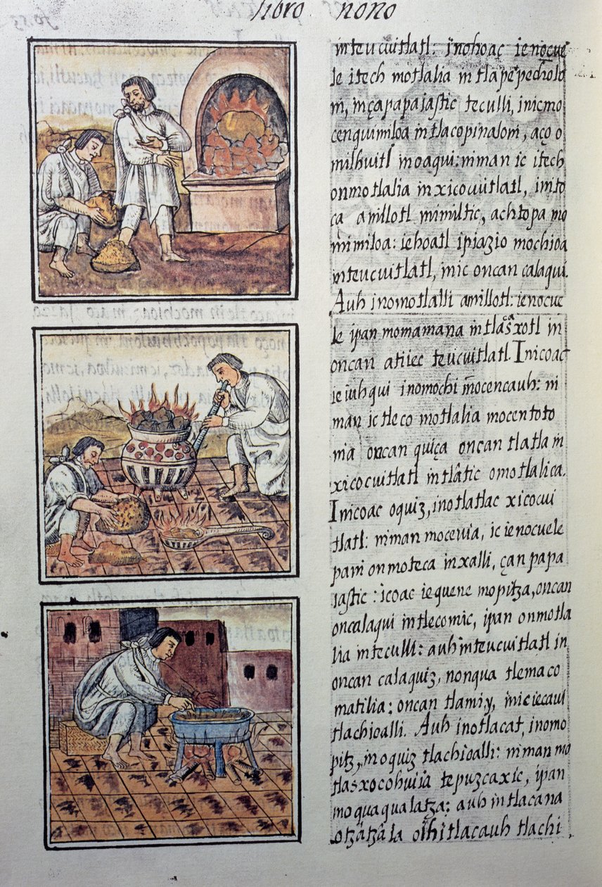 Produção de ouro pelos espanhóis, página do Codex Florentino, versão bilíngue em espanhol e Nahuatl, História Geral das Coisas da Nova Espanha, do missionário espanhol Fray Bernardino de Sahagun. A civilização asteca de William M. Timlin