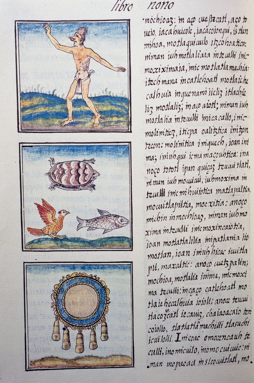 Ourivesaria, página do Codex Florentino, versão bilíngüe em espanhol e Nahuatl, História Geral das Coisas da Nova Espanha, do missionário espanhol Fray Bernardino de Sahagun (1499-1590). A civilização asteca de William M. Timlin