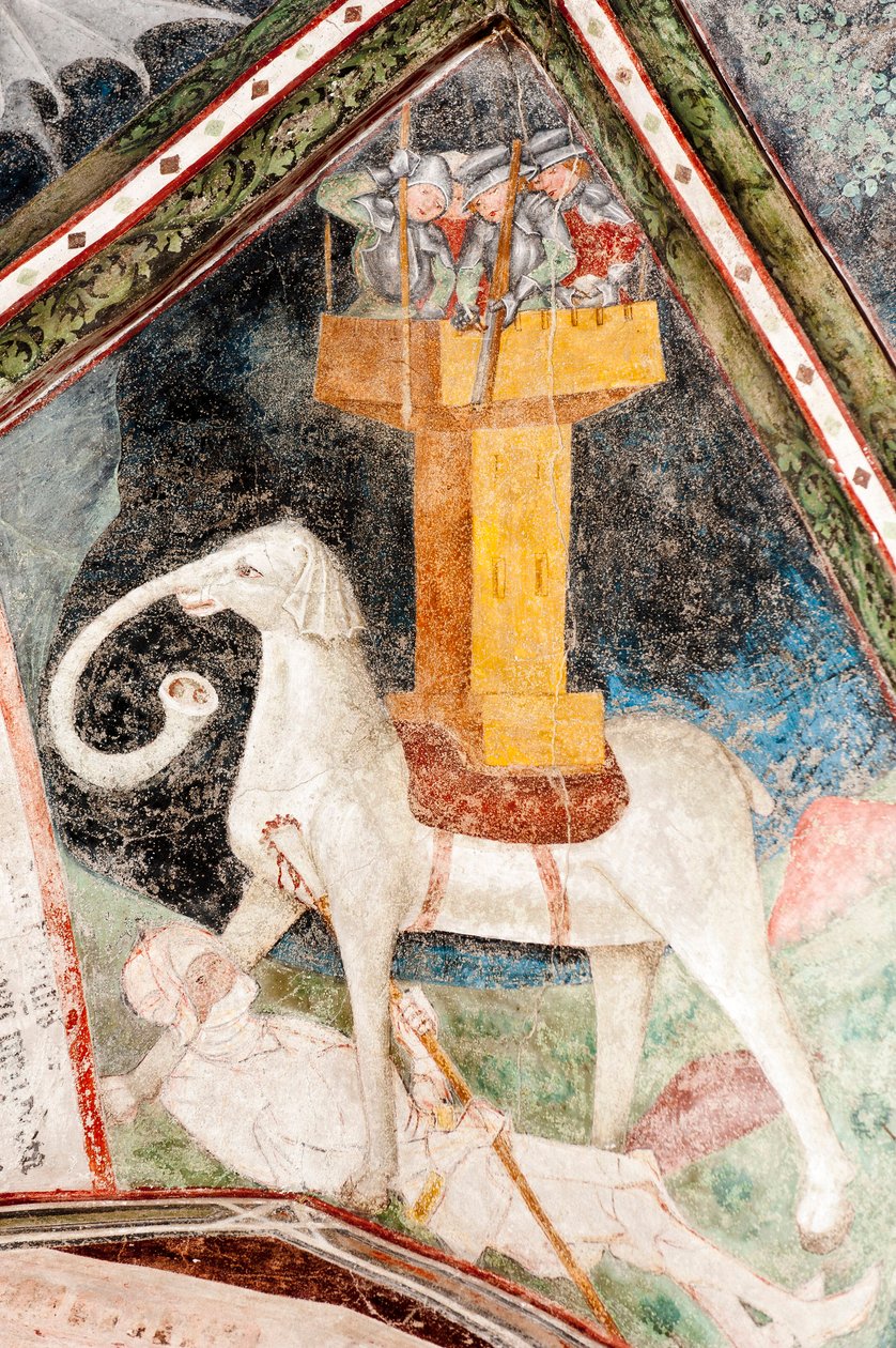 Afresco gótico; Eleazar Awaran mata o Elefante de Guerra Soliman e é esmagado; 3. Claustro; Catedral; Brixen; Tirol do Sul; Itália; Europa de Unbekannt