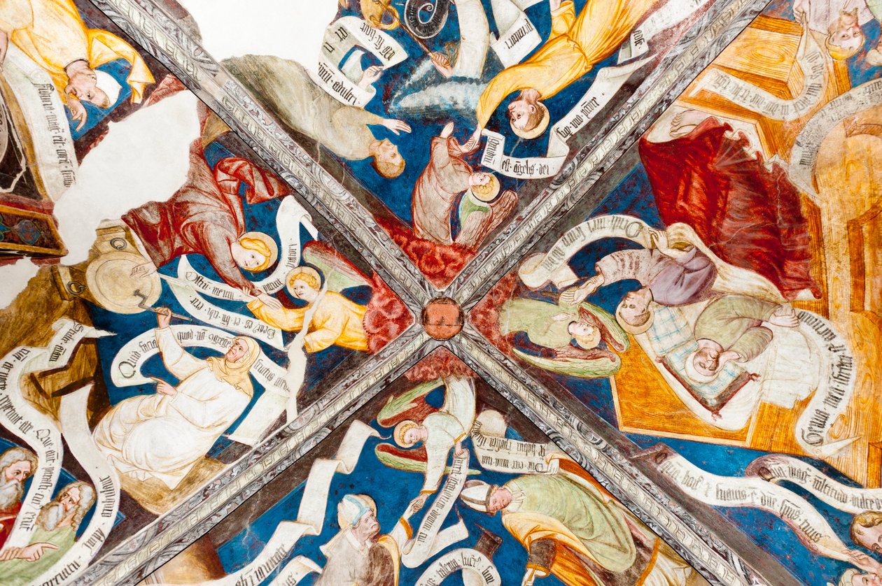 Afresco gótico; louvor da virtude; censura do vício; com escrita; 10. claustro; Catedral; Brixen; Tirol do Sul; Itália; Europa de Unbekannt
