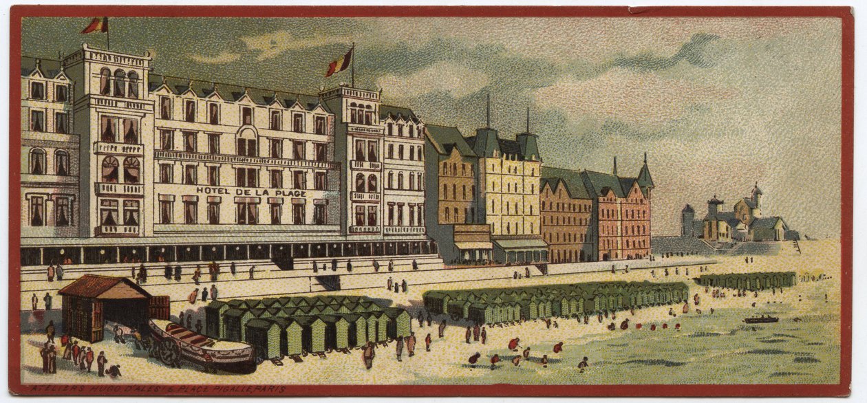 Grandes hotéis: vista exterior do Hotel de la Plage em Ostende, Bélgica - Mapa de uma série que apresenta os hotéis da "Compagnie Internationale des Grands Hotels", finais do século XIX - início do século XX de William M. Timlin