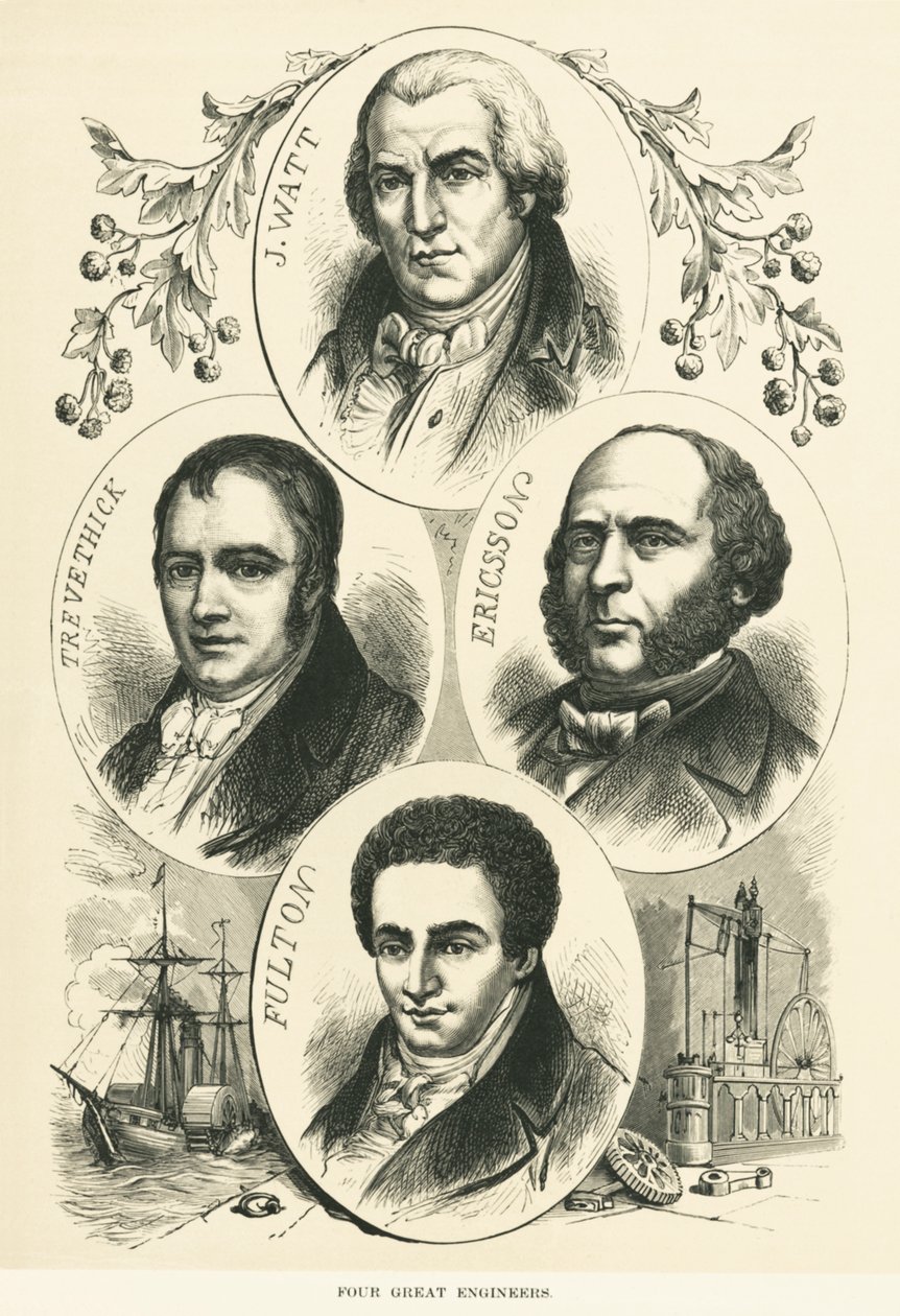Grandes Engenheiros e Inventores: James Watt, John Ericsson, Robert Fulton, Richard Trevithick, , c.1880 (foto a p/b) de Unbekannt