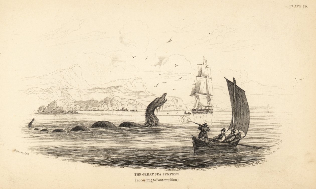 Grande serpente marinha atingida a tiro pela tripulação do Lawrence by Ferry em 1746. Descrita na História Natural da Noruega do Bispo Erik Pontoppidan de Unbekannter Künstler