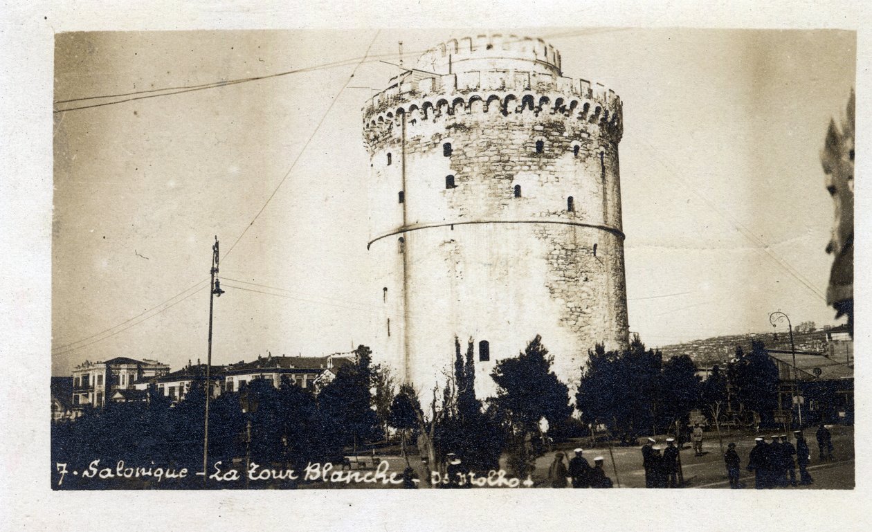 Grécia, Salónica (ou Tessalónica): vista da Torre Branca - Cartão Postal 1914-1918 de William M. Timlin