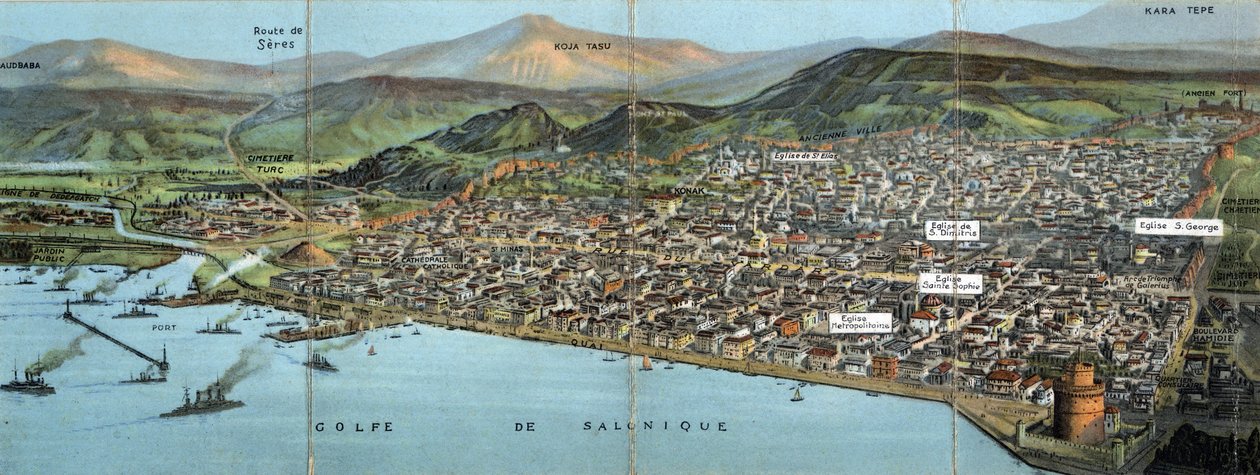 Grécia, Salónica (ou Salónica): vista da cidade e do Golfo - Cartão Postal 1914-1918 de William M. Timlin