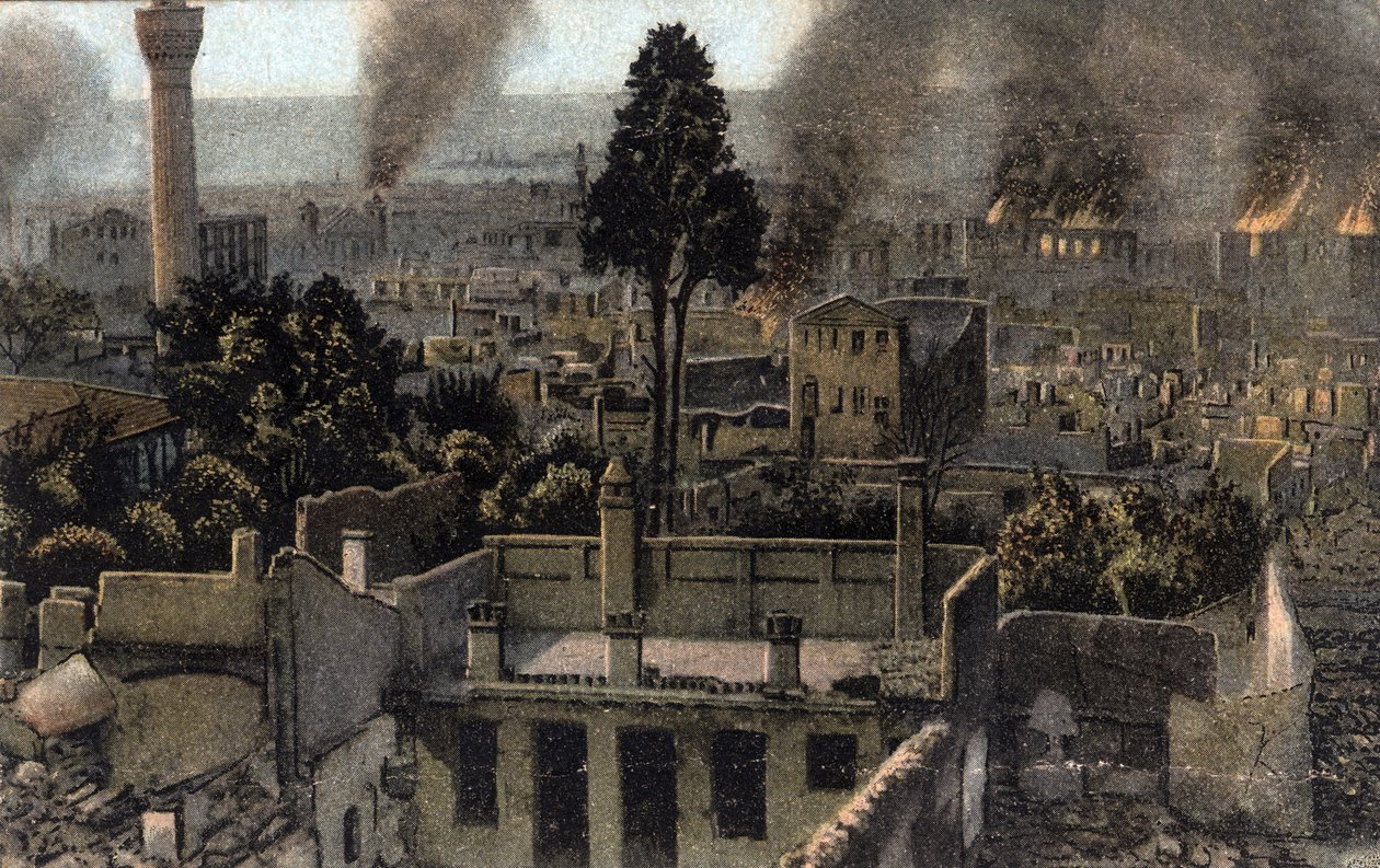 Grécia, Salónica (ou Salónica): vista da cidade alta parcialmente queimada, provavelmente durante o incêndio de 1917 - Postcard 1914-1918 de Unbekannter Künstler