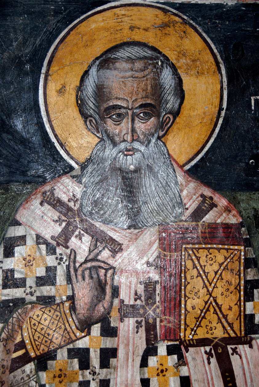 Cristianismo ortodoxo grego; afrescos bizantinos antigos; mural do bispo Nicolau; Igreja de Agios Nikolaos em Petra; Lesbos; Mar Egeu; Grécia; Europa de Unbekannt
