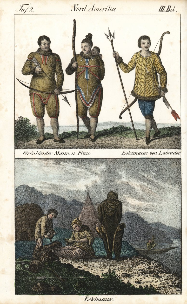 Habitantes da Gronelândia com peles e um inuíte do Labrador (Canadá) com um tridente. Em baixo, uma cena quotidiana da vida familiar inuíte em frente a um iglu, uma tenda e uma canoa, América do Norte. Litografia para o livro: "Galerie complete en tableaux de Unbekannter Künstler