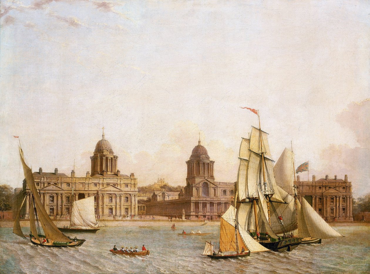 Greenwich Hospital (Inglaterra), a partir de Isle of Dogs (margem norte do Tamisa), com a navegação de uma variedade de barcos no rio. Óleo sobre tela, cerca de 1830-1840 de Unbekannter Künstler