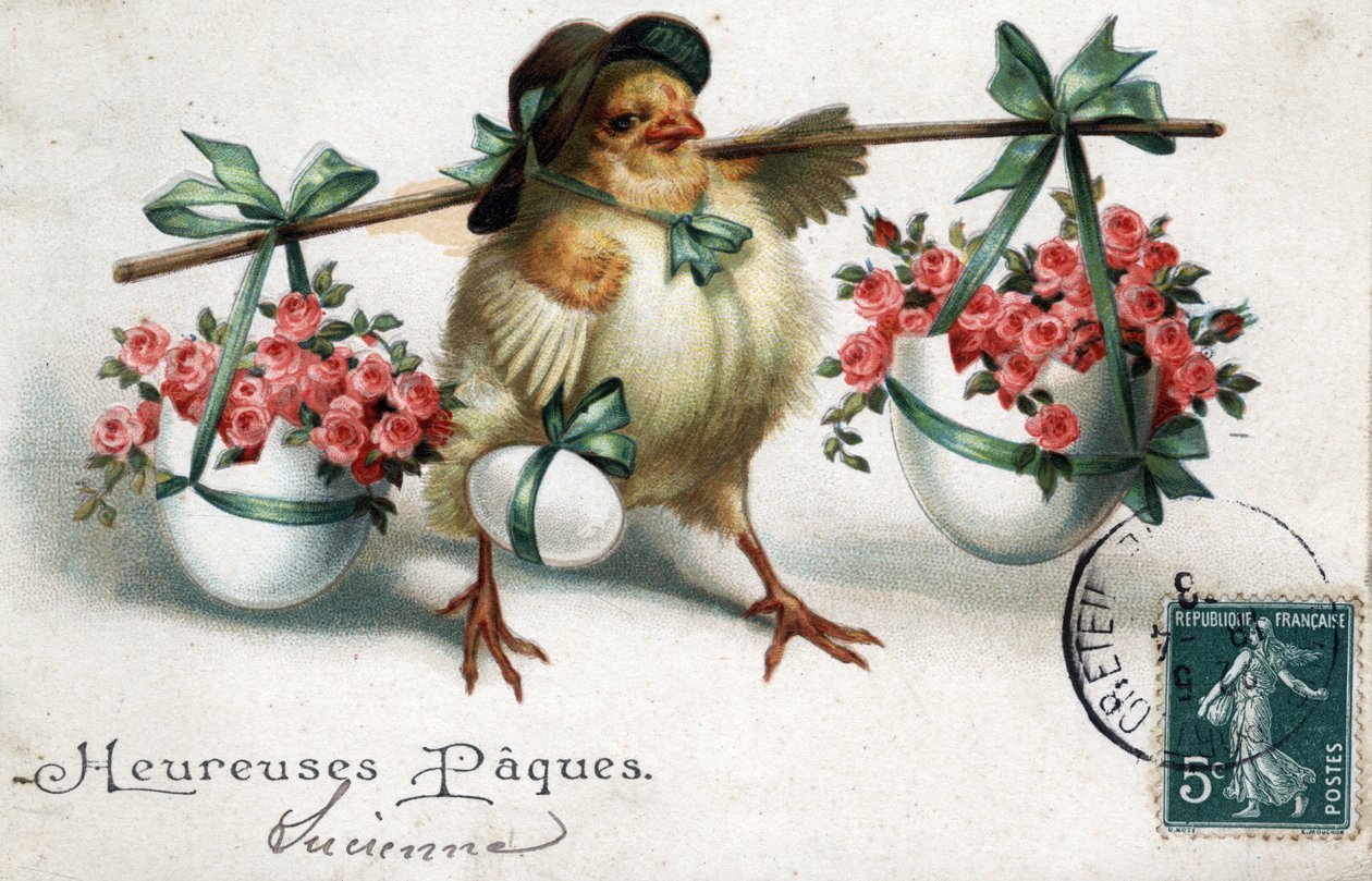 Cartão de Boas Festas da Páscoa: uma galinha com ovos cheios de rosas - Cartão Postal datado de 1908 de Unbekannt