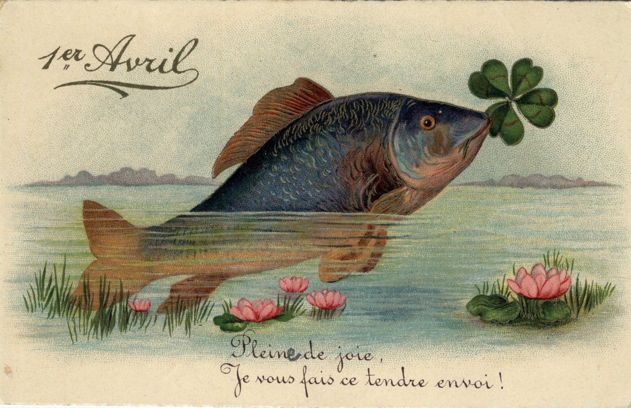 Cartão de saudação de 1 de Abril: peixe com um trefle de quatro folhas - Cartão postal do final do século XIX ao século XX de William M. Timlin
