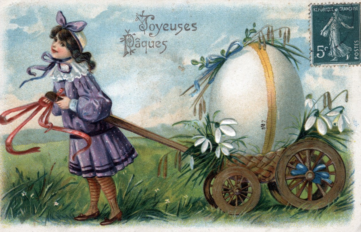 Cartão de Boas Festas da Páscoa: uma menina prende um ovo gigante num carrinho - Cartão Postal do final do século XIX ao século XX de William M. Timlin