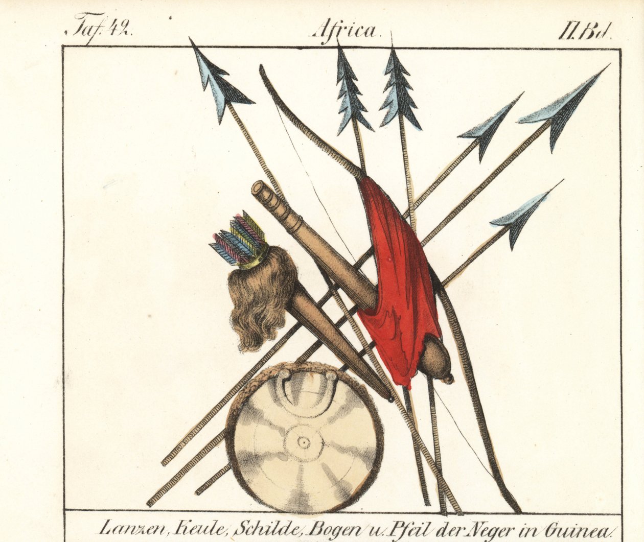 Armas da Guiné Conacri, lanças, bastões, arco e flechas na aljava, escudo. Litografia para o livro: "Galerie complete en tableaux fideles des peuples d