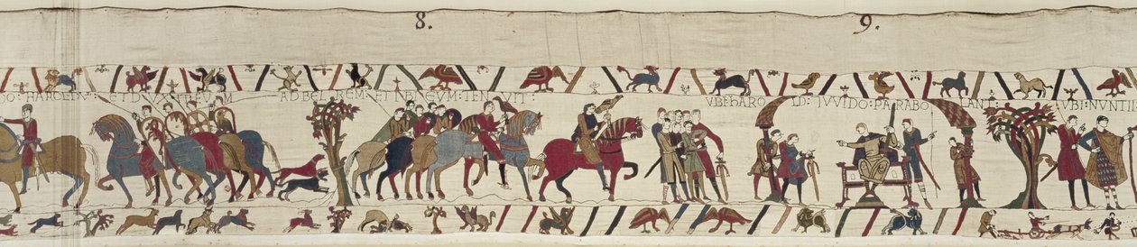 Guy de Ponthieu leva Harold como prisioneiro para o castelo de Beaurain, Bayeux Tapestry (bordado de lã em linho) de Unbekannt