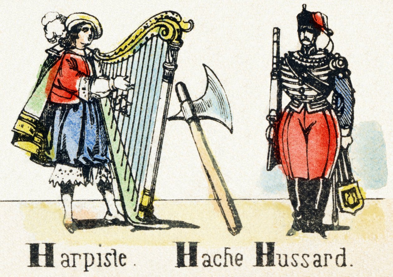 H - Harpiste Hache Hussard - Alfabeto - entretenimento infantil - Imagem epinal, série popular c.1890 (ilustração) de Unbekannt
