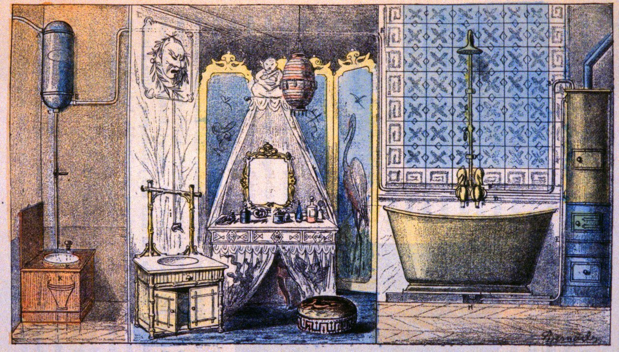 Gestão do habitat: sanita, casa de banho e banheira, c. 1870 (gravura) de Unbekannter Künstler