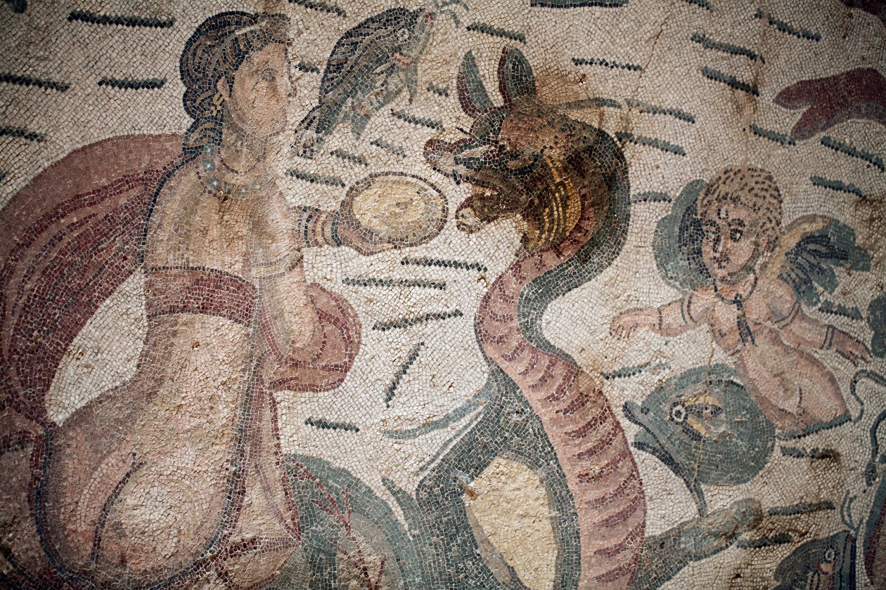Hall of Arion. Cena marinha. Criaturas marinhas. Nereides e tritões. Século III - IV. Vila Romana de Casale, Sicília. Site da UNESCO. de William M. Timlin