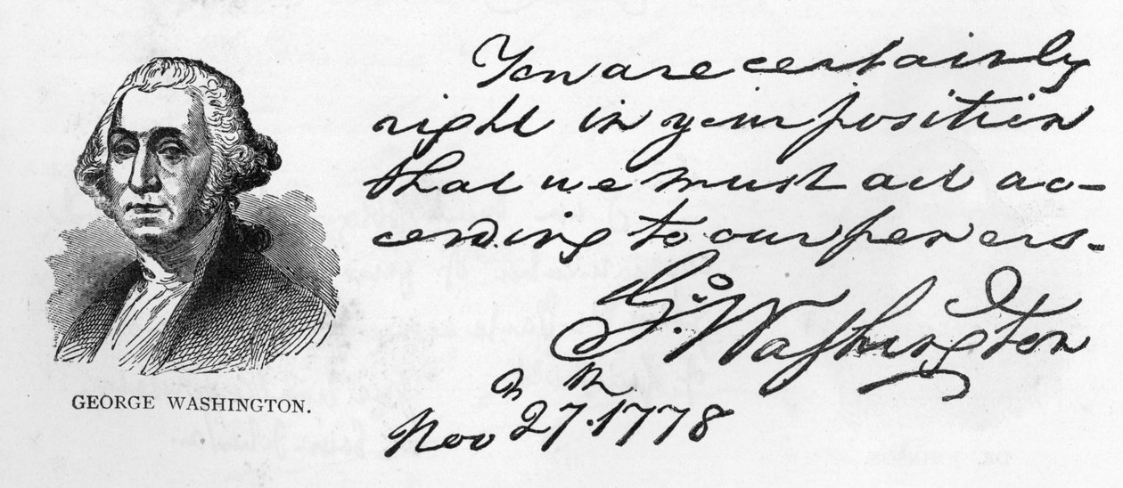 Caligrafia e assinatura de George Washington a partir de uma carta sobre os planos de Washington para o exército no inverno, escrita em Fredericksburg para Gouverneur Morris, 27 de novembro de Unbekannt