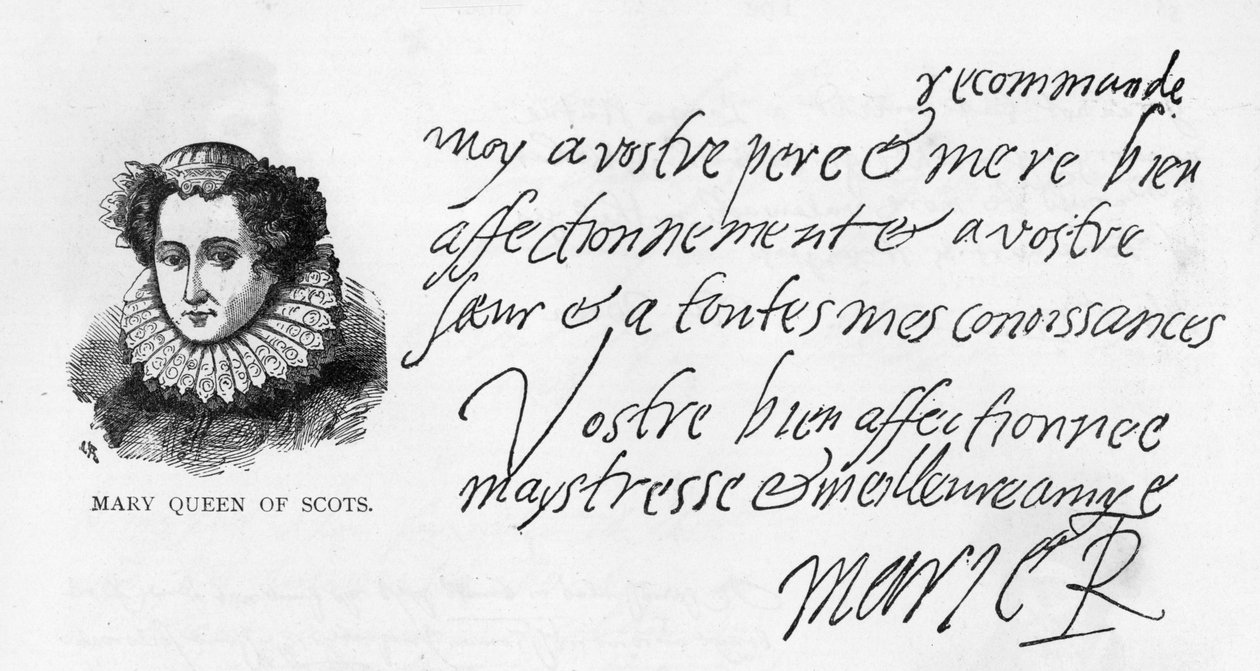 Caligrafia e assinatura de Mary Queen of Scots a partir de uma carta escrita na prisão de Sheffield à sua afilhada, Elizabeth Pierrepoint de Unbekannt