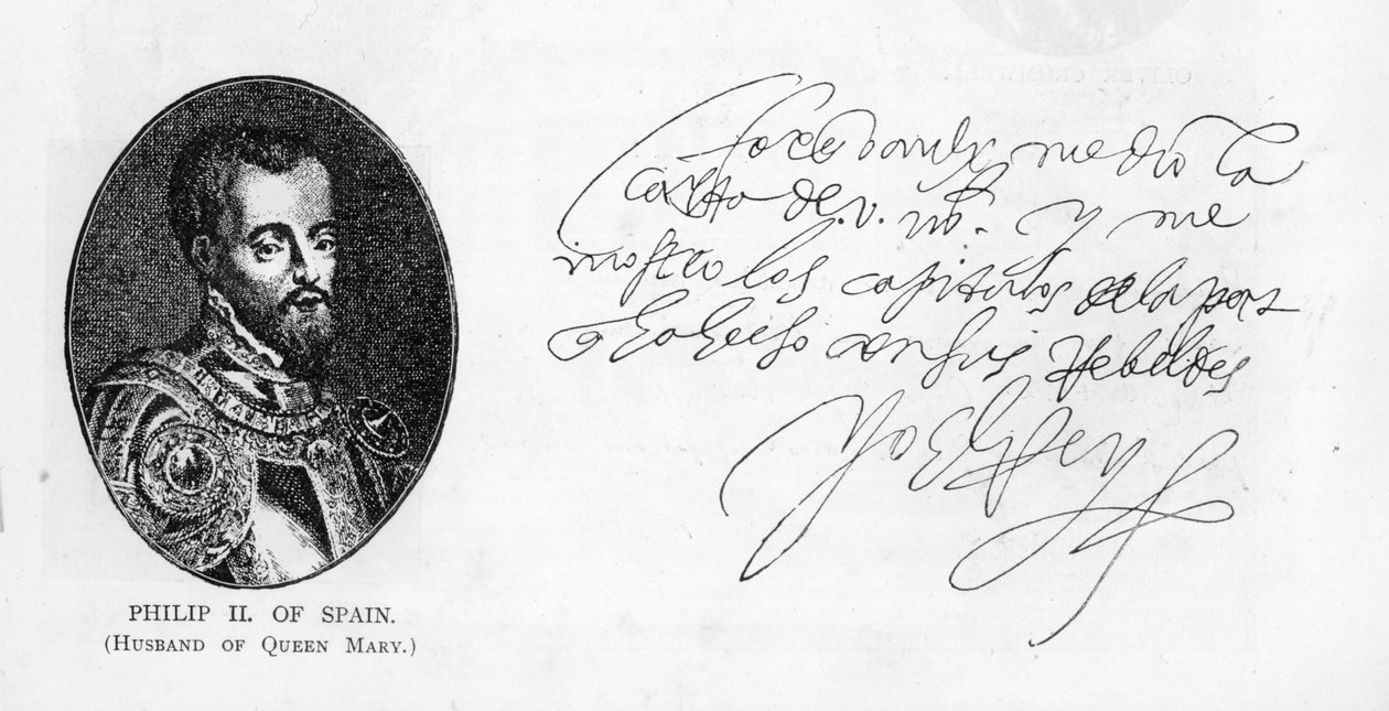 Caligrafia e assinatura de Filipe II, Rei de Espanha (caneta e tinta sobre papel) de Unbekannt