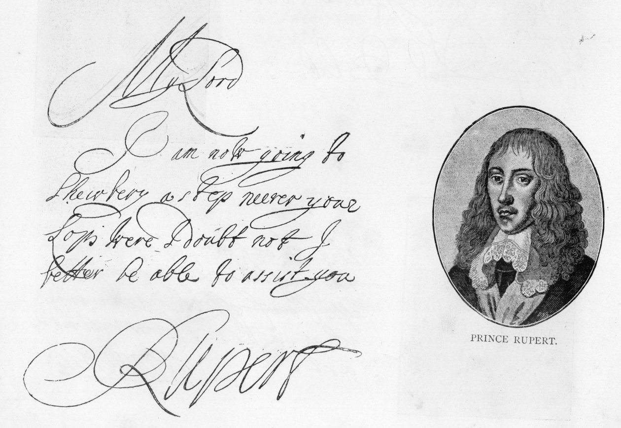 Caligrafia e assinatura do Príncipe Rupert do Reno (caneta e tinta sobre papel) de Unbekannt