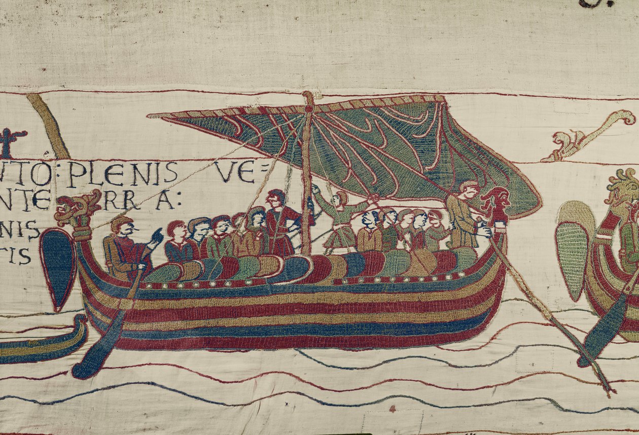 Os navios do Harold são levados para o território do Conde Guy de Ponthieu, Bayeux Tapestry (bordado de lã em linho) de Unbekannt