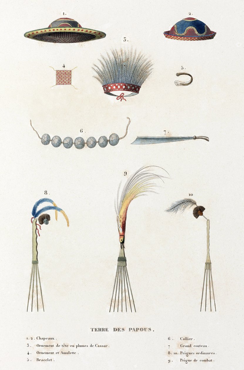 Chapéus, pentes e outros artefatos da "Terra dos Papuas". de Unbekannt